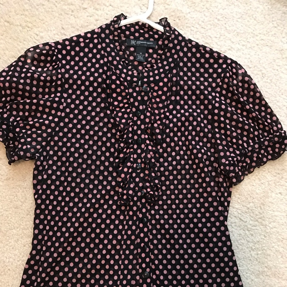 INC black pink polka dots ruffle blouse.